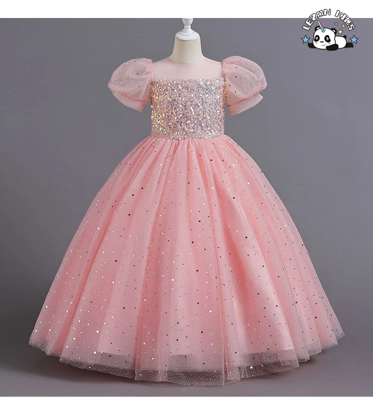 LEZONKIDS - Vestido para Menina, Vestido de Festa Infantil, Tule Longo, Malha, Lantejoulas, Princesa, Manga Bolha Fofa, Tamanho 10, Vestidos de Menina Flor para Casamento de Luxo